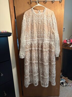 Ivy City Co Beige Dress with White Lace Embroidery